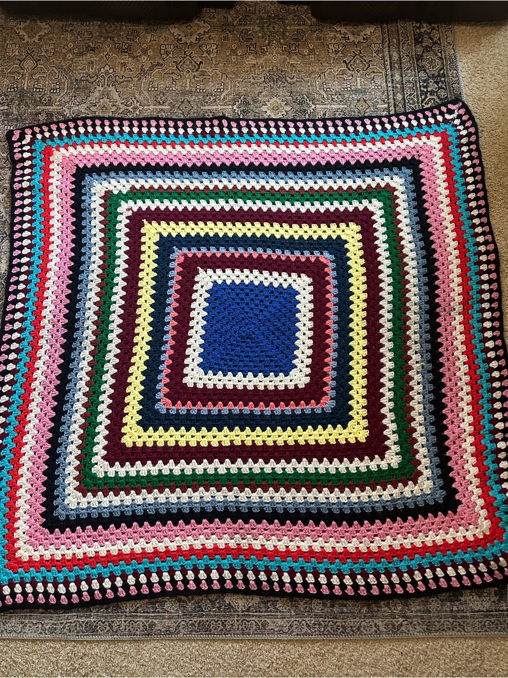 vintage granny square pattern afghan blanket with bright colors size 56” x 54”